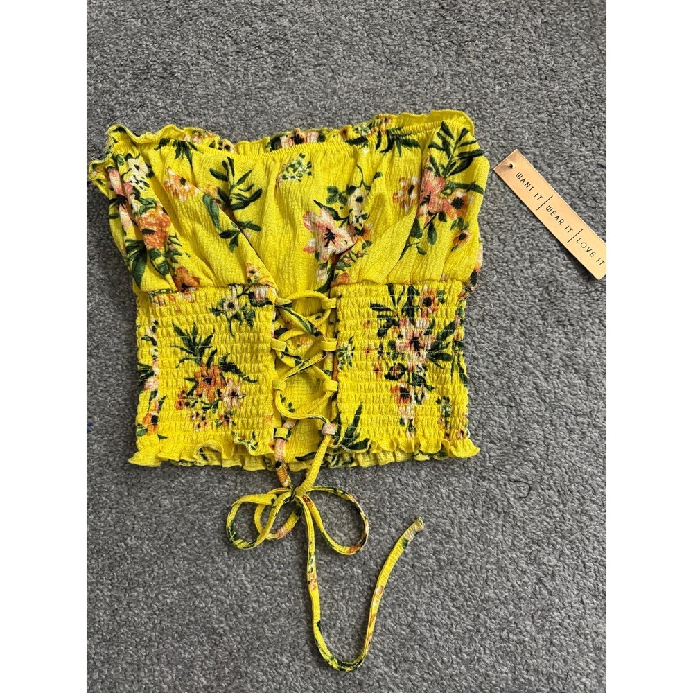 Almost Famous Yellow Floral Smocked Lace Up Tube Crop Top Size Small NEW
